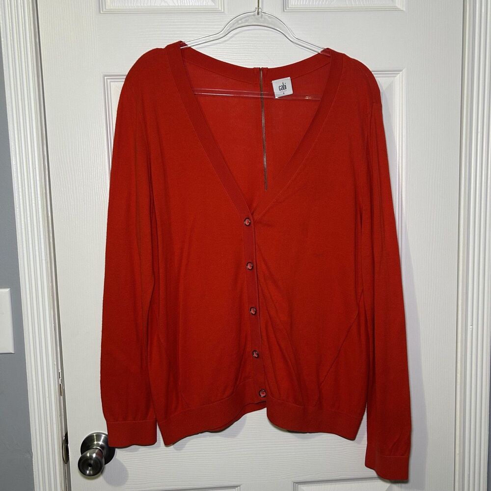 Cabi Cardigan Sweater Women's Large Red V Neck Button Back Zip Knit Lightweight